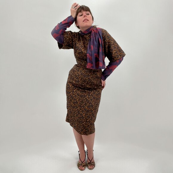Vintage 50s Brown Printed Belted Sheath Wiggle Bombshell Dress S/M - Picture 12 of 12